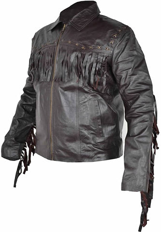 Classyak Men's Western Genuine Leather Fringed Biker Racer Jacket