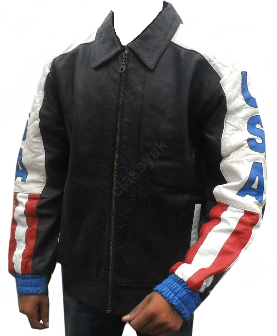 Classyak Real Leather Fashion Moto Jacket with USA Flag, High Quality, Xs-5xl