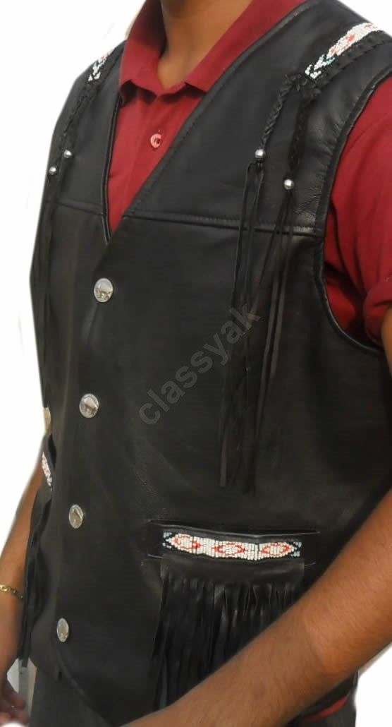 Classyak Western Genuine Leather Vest, A Grade Cowhide, Fringed & Beaded, Xs-5xl