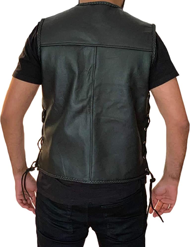 Classyak Men's Fashion Real Leather Moto Side Laces Vest