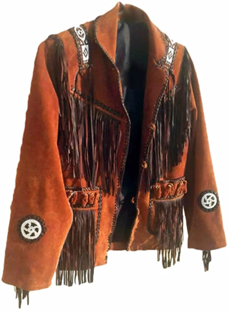Classyak Men's Western Fringed and Beaded Leather Coat