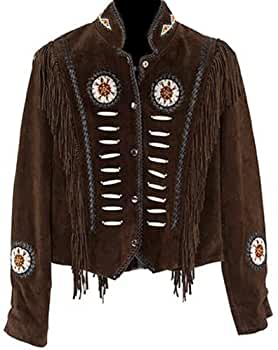 Classyak Women's Western Suede Leather Jacket with Beads, Fringes and Bones