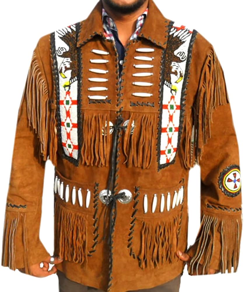 Classyak Western Suede Leather Jacket with Fringed Bones & Beads