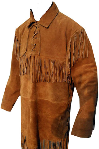 Classyak Men's Western Leather Long Coat Fringed Coat