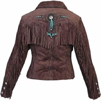 Classyak Women's Fringed and Beaded Suede Leather Jacket