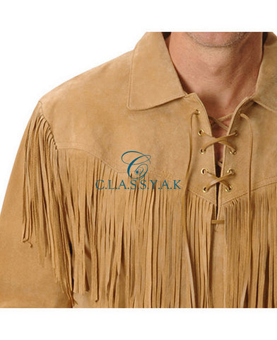 Western Leather Jacket for Men Light Brown Lace Up Suede Leather