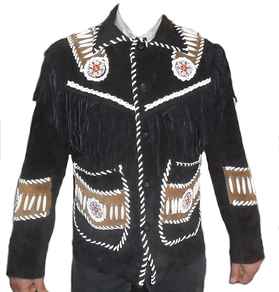 Classyak Western Leather Jacket, with Fringed, Beads and Bones