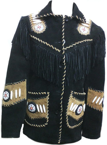 Classyak Western Leather Jacket, with Fringed, Beads and Bones