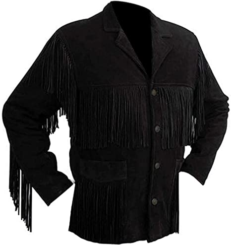 Classyak Men's Suede Leather Western Cowboy Jacket With Fringe And Beaded
