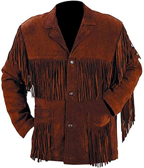 Classyak Men's Suede Leather Western Cowboy Jacket With Fringe And Beaded