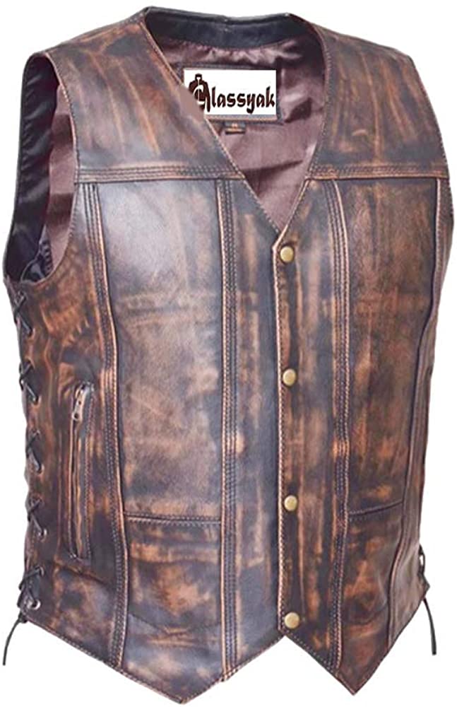 Classyak Men's Biker Real Leather Distressed Vest