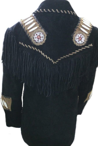 Classyak Western Leather Jacket, with Fringed, Beads and Bones