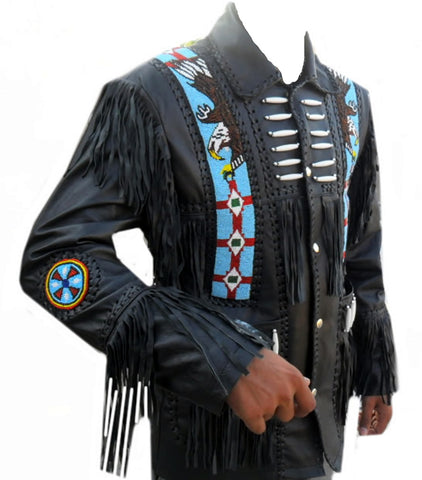 Western Leather Jacket with Fringes, Beads and Bones
