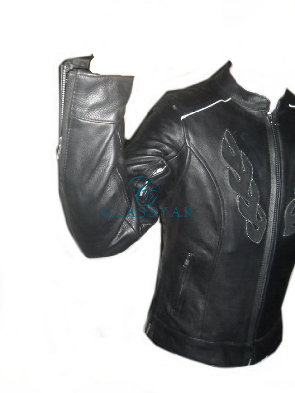 Women Motorcycle Jacket Black Cat design biker Premiere Cowhide leather