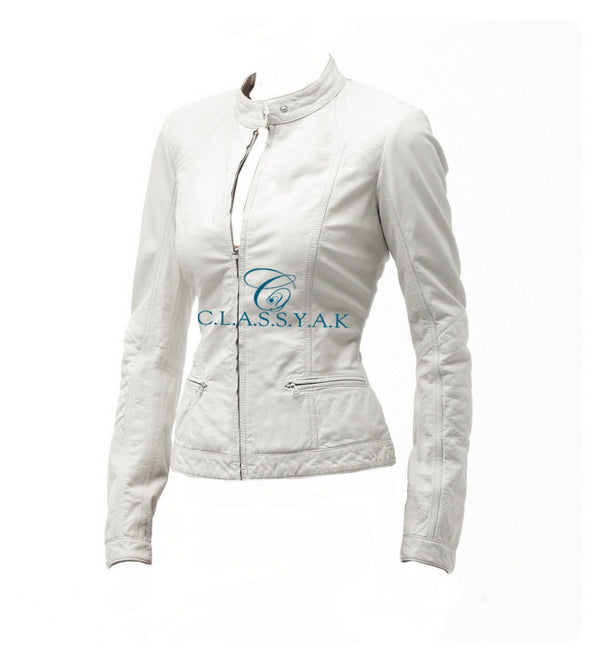 Women Fashion Genuine Leather Jacket White Sky - Sheep Nappa