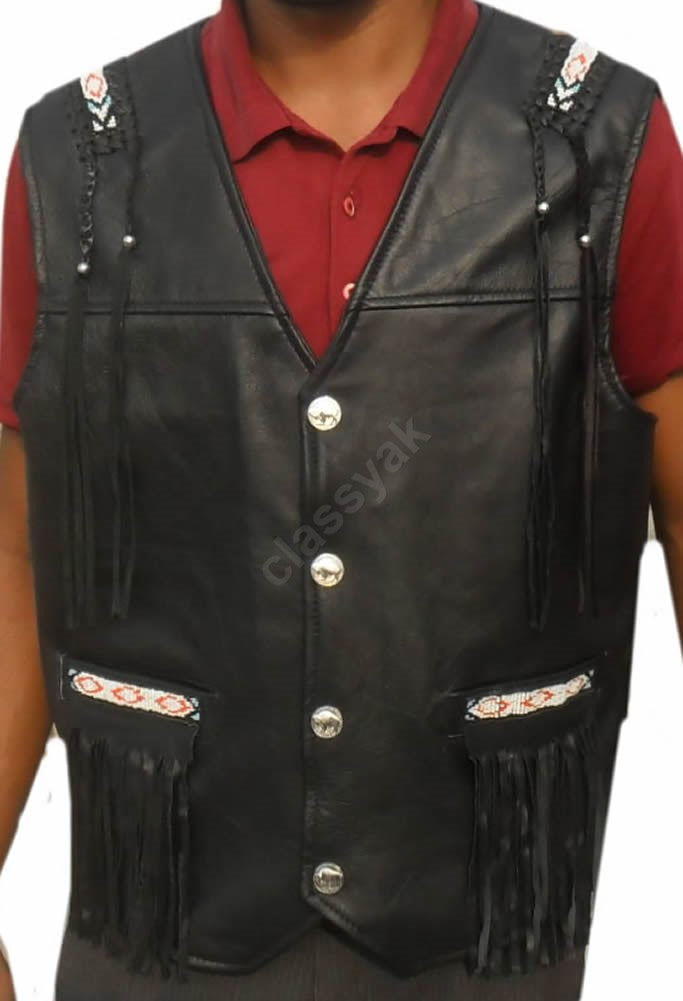 Classyak Western Genuine Leather Vest, A Grade Cowhide, Fringed & Beaded, Xs-5xl