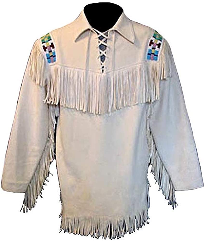 Classyak Western Leather Jacket White, Fringed & Excellent Beads Work