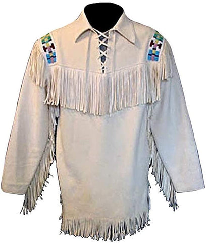 Classyak Western Leather Jacket White, Fringed & Excellent Beads Work
