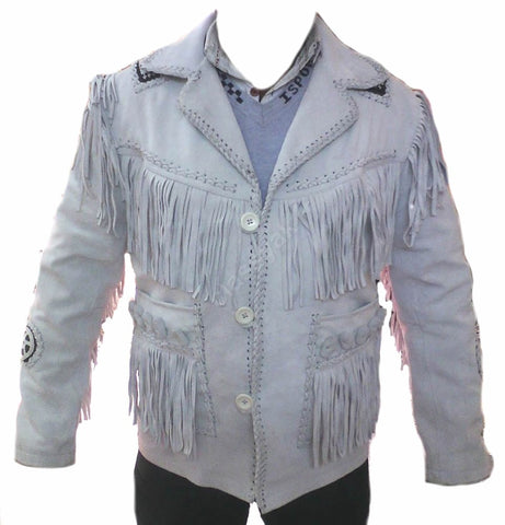 Classyak Western Suede Leather Jacket Ivory, fringed and beaded