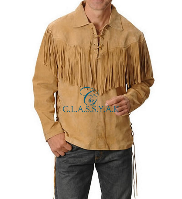 Western Leather Jacket for Men Light Brown Lace Up Suede Leather