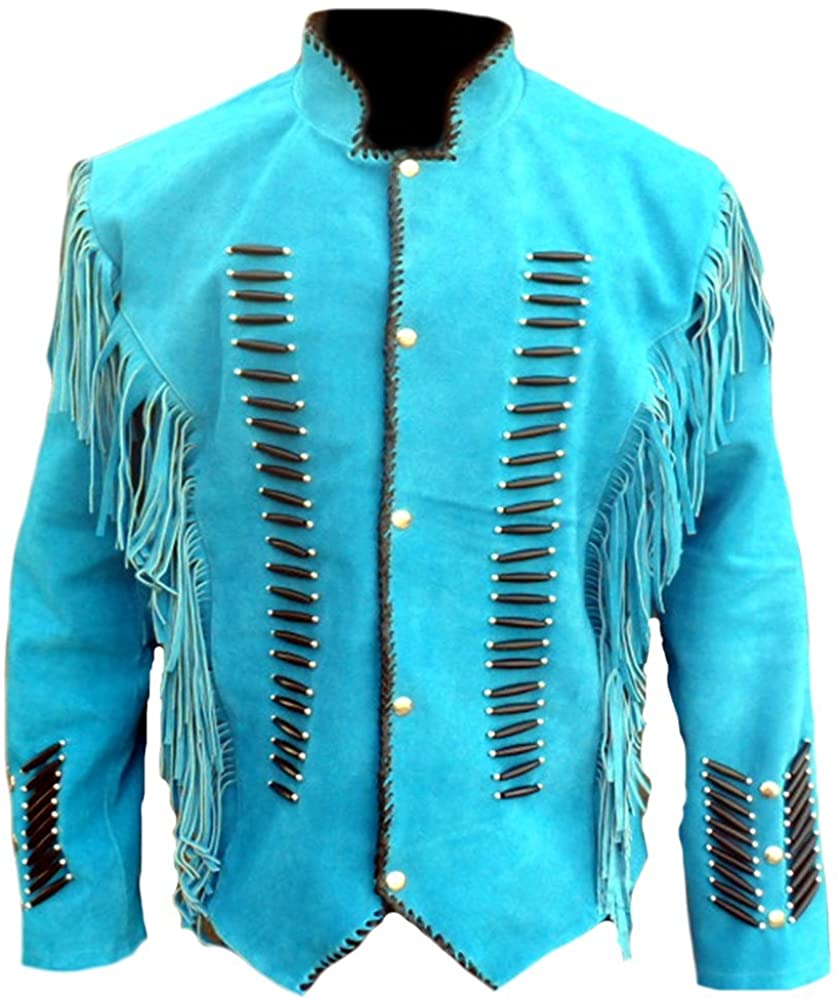 Classyak Men's Native Western Suede Jacket Fringes & Bones