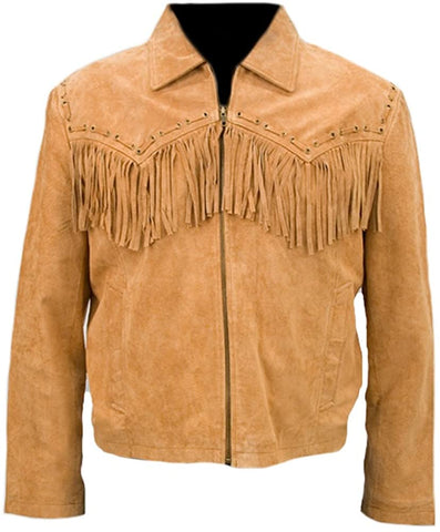 Classyak Men Cowboy Fringed Suede Leather Coat
