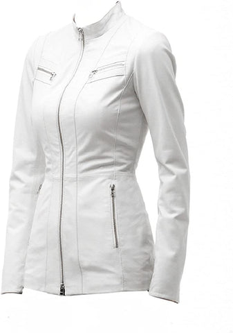 Classyak Women Fashion Leather Jacket White Rose