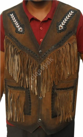 Classyak Western Genuine Leather Vest, Excellent Beads Work & Fringed, Xs-5xl