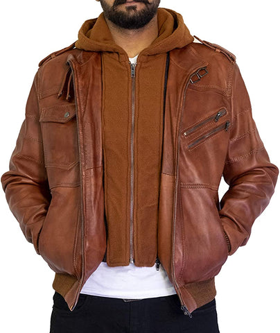 Classyak Men's Fashion Vintage Leather Jacket with Hoodie