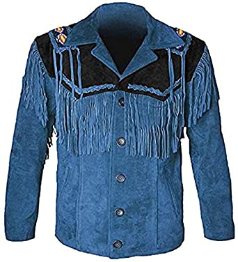 Classyak Western Leather Jackets for Men Cowboy Leather Jacket and Fringe Beaded Coat