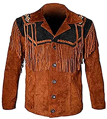 Classyak Western Leather Jackets for Men Cowboy Leather Jacket and Fringe Beaded Coat
