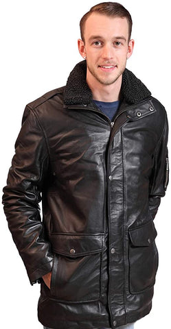 Classyak Men's Furr Collar Fashion Real Leather Buttoned Coat