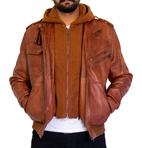 Classyak Men's Fashion vintage leather jacket with hoodie