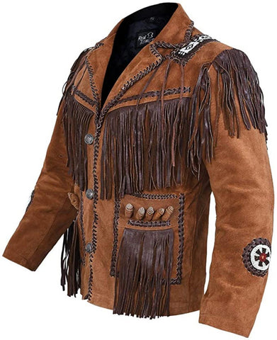 Classyak Men's Suede Leather Jackets With Fringes and Bones