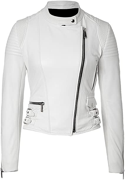 Classyak Women Fashion Genuine Leather Jacket White Sine Pulp Grain Sheepskin