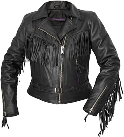 Classyak Women's Fashion Interstate Leather Jacket Fringed