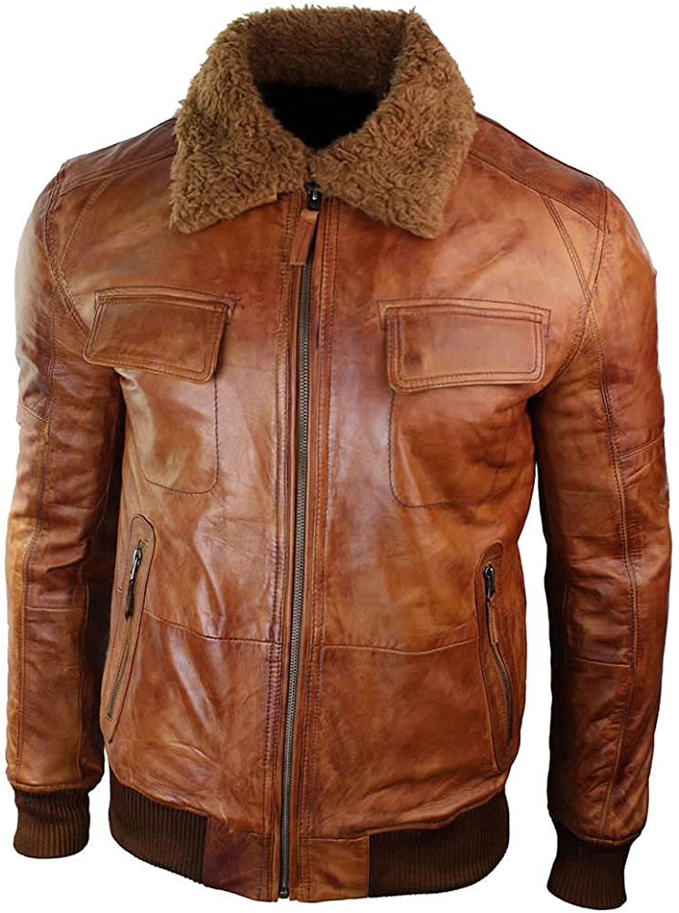 Classyak Men's Fashion Real Leather Bomber Jacket with Fur Collar