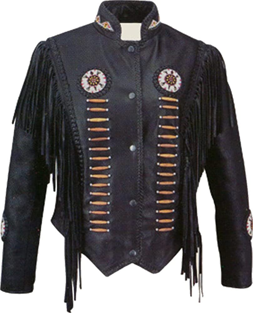 Classyak Women's Cowgirl Boned, beaded and Fringed Real Leather Coat