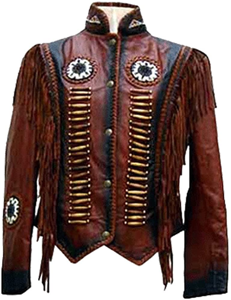 Classyak Women's Cowgirl Boned, beaded and Fringed Real Leather Coat