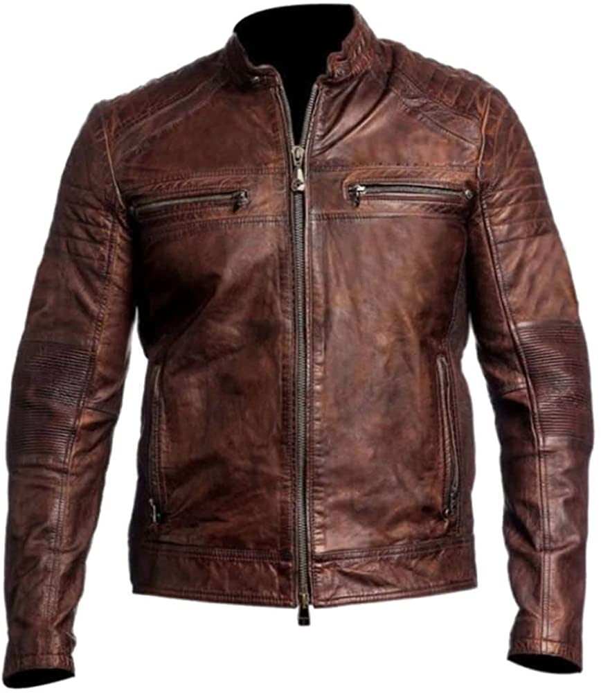 Classyak Men's Vintage Fashion Real Leather Distressed Jacket