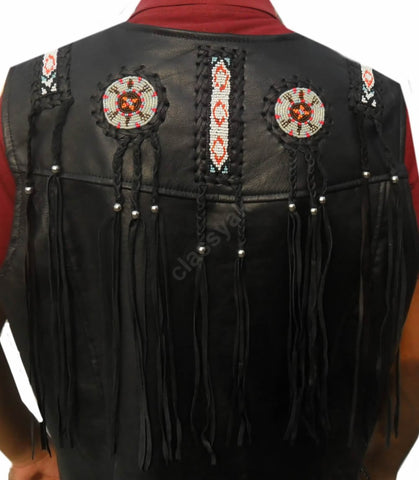 Classyak Western Genuine Leather Vest, A Grade Cowhide, Fringed & Beaded, Xs-5xl