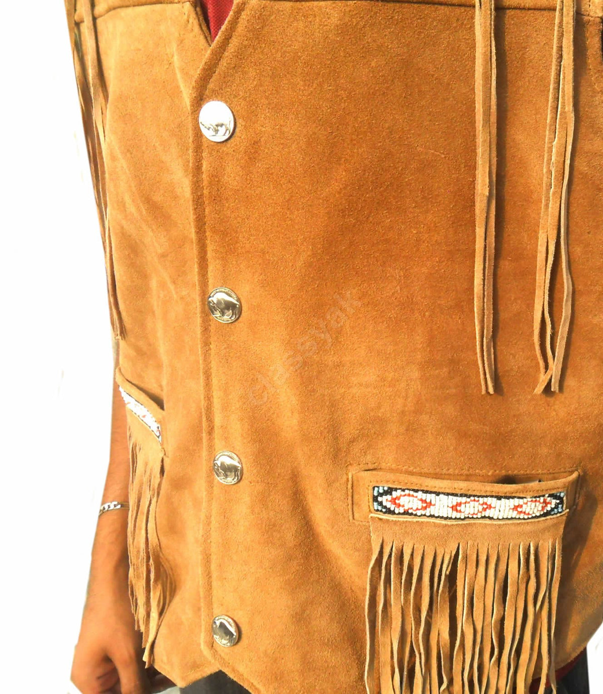 Classyak Western Real Leather Vest, Excellent Beads Work & Fringes, Xs-5xl