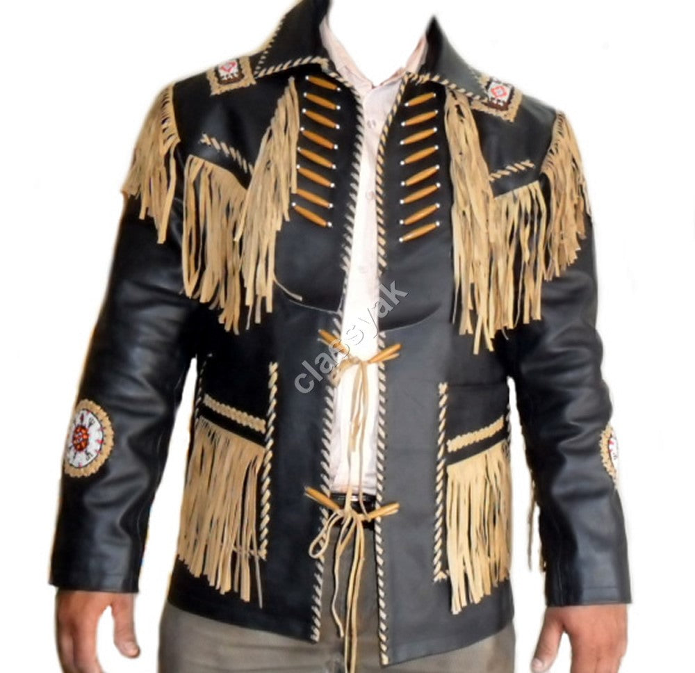 Classyak Western Leather Jacket, fringed. bones and beads, High Quality Cowhide, Xs-5xl