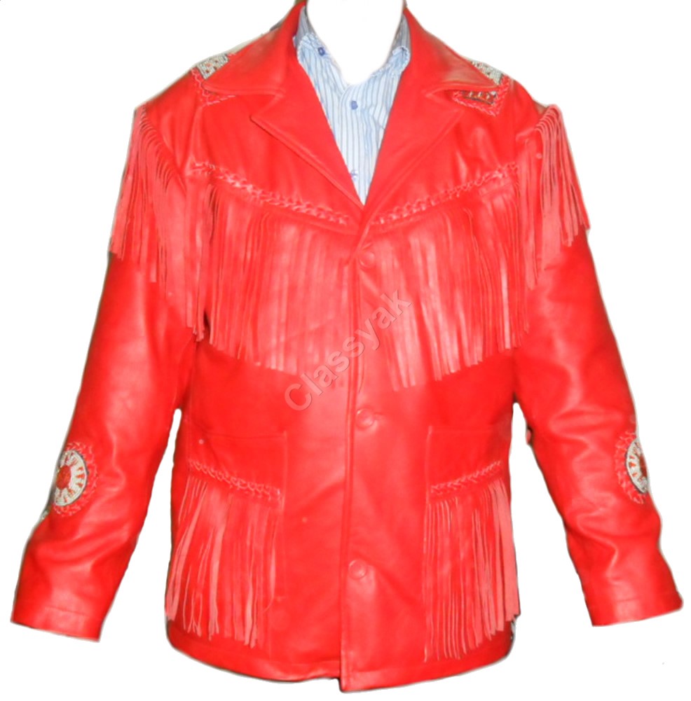 Classyak Western Leather Jacket Red, fringed and beaded, Xs-5xl