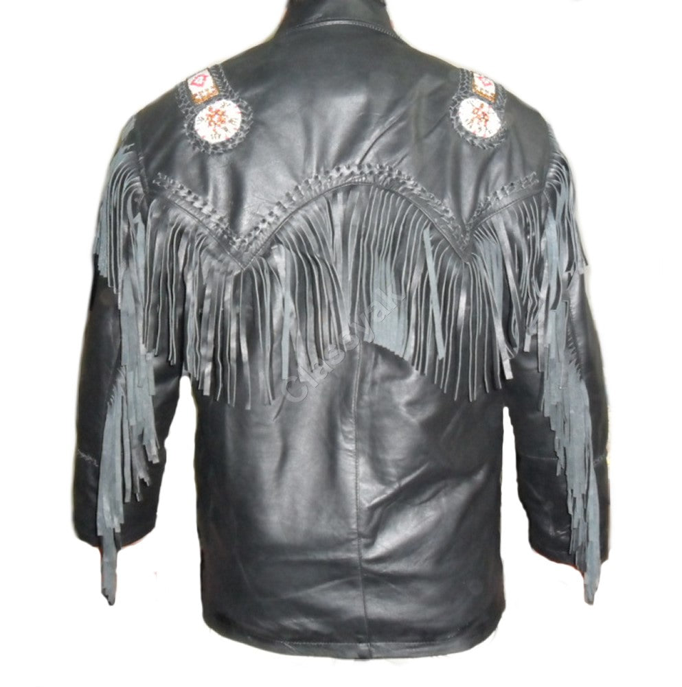 Classyak Western Leather Jacket Black, fringed and beaded, Xs-5xl