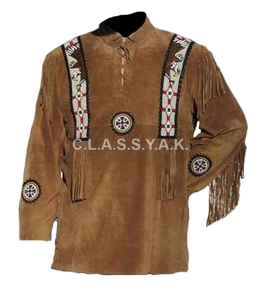 Classyak Men's Handmade Indian Eagle Shirt Tribal & Western Impression Brown
