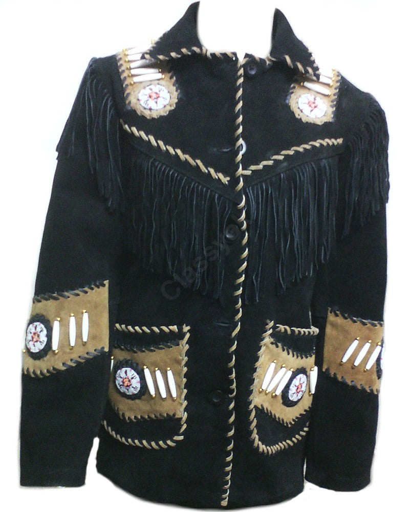 Classyak Western Leather Jacket, Bones, fringed and beaded
