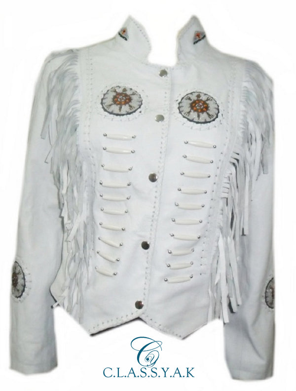 Classyak Women Western Leather Jacket, Fringed & Bones, A Grade Suede Leather