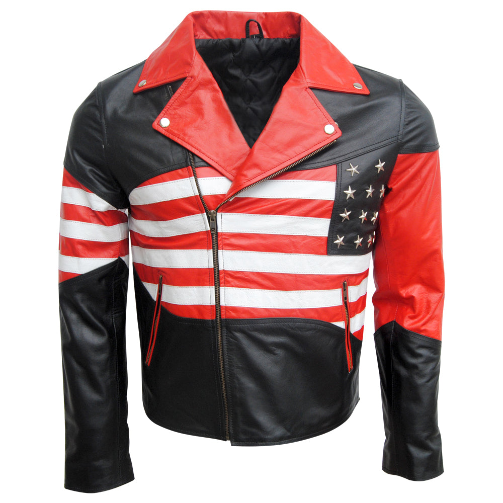 Classyak Biker Leather Jacket USA Flag, Protection on Shoulders, Elbows & Back