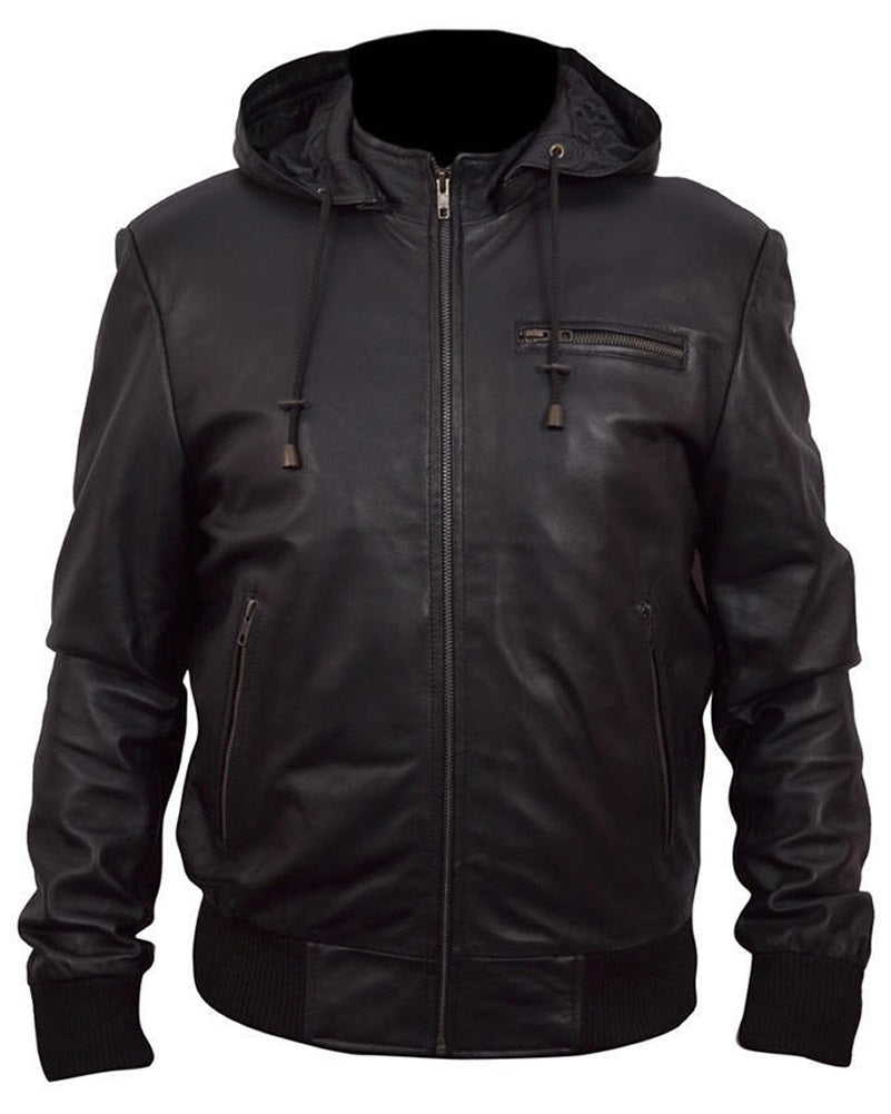 Classyak Men's Fashion Hoodie Style Bomber Real Leather Jacket